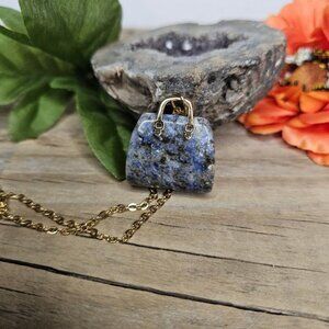 Sodalite Gemstone Purse -Handbag Pendent Gold Steel Necklace